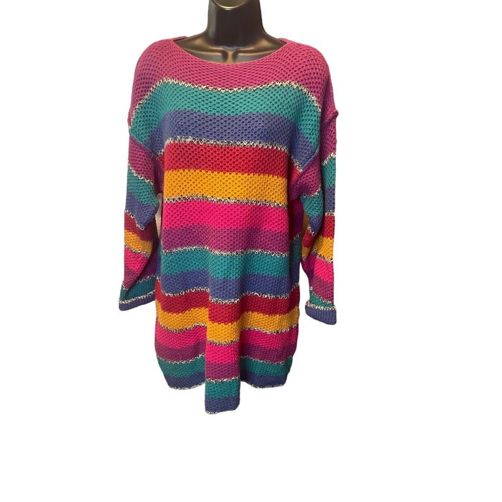Retro Turquoise Brand Open Knit Boatneck Multicolor Long Sweater Sz L